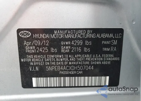 2013 Hyundai Sonata Gls from USA, damaged, VIN 5NPEB4ACXDH507044